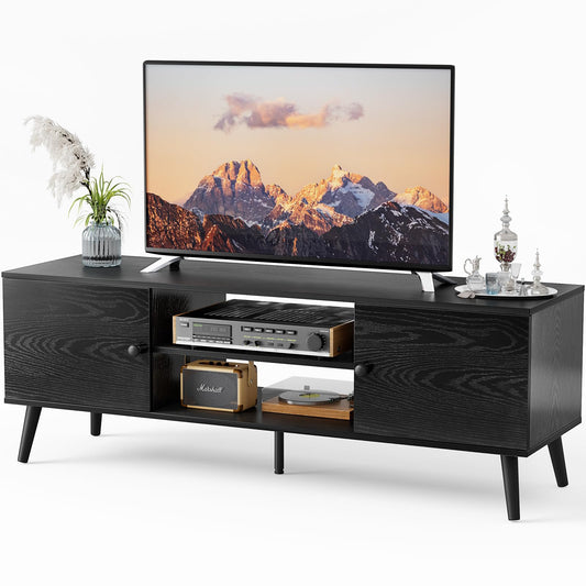 Sweetcrispy TV Stand for 55 60 inch Television, Entertainment Center with Storage, 2 Cabinet Media Console Table, Soft Hinge Door with Handle, Wood Feet, Living Room, Bedroom Furniture, Dark Black