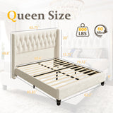 HISOFT Queen Bed Frame, Velvet Upholstered Queen Platform Bed with 48.8" Tall Wingback Headboard, Button Tufted, No Box Spring Needed, Noise-Free, Cream HISOFT