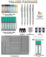 Nicpro 36PCS Blocky Gear Mechanical Pencil Set with Case, Metal Mechanical Pencils 0.3, 0.5, 0.7, 0.9, 2mm Lead Holder for Art Drawing Sketching with 21 Tubes (6B 4B 2B HB 2H 4H Colors) Lead Refills Nicpro