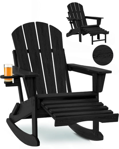 Serique 4-in-1 Multifunctional Folding Adirondack Rocking Chair, Patio Chair with Retractable Ottoman, Outdoor Chair Wood Texture, Lawn Chair for Porch, Backyard, Pool(Black) - WoodArtSupply