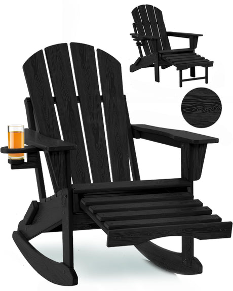 Serique 4-in-1 Multifunctional Folding Adirondack Rocking Chair, Patio Chair with Retractable Ottoman, Outdoor Chair Wood Texture, Lawn Chair for Porch, Backyard, Pool(Black) Serique