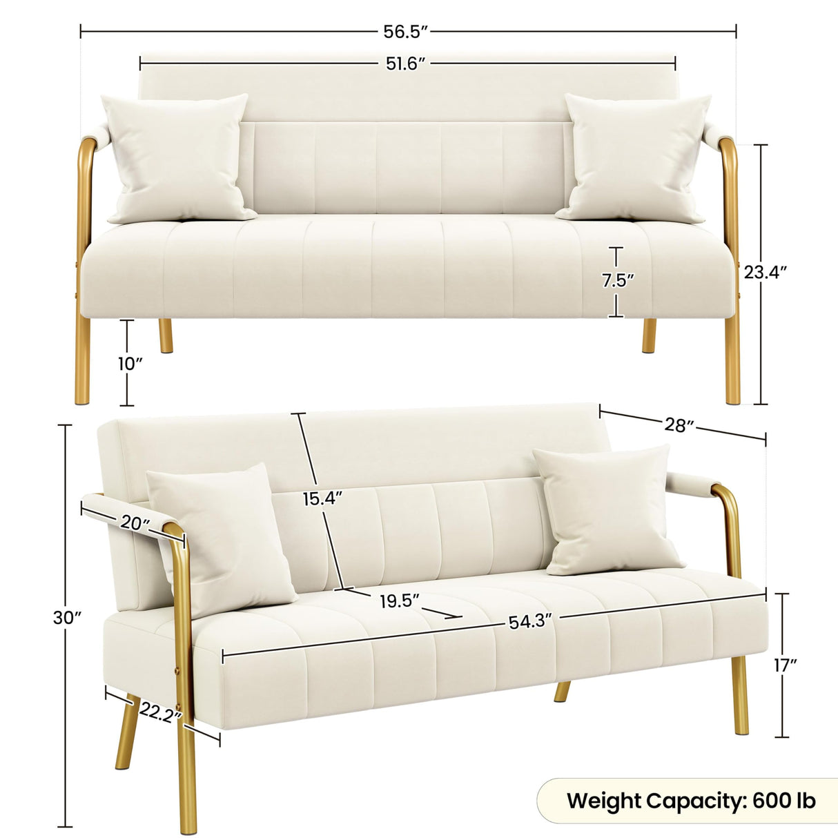 Yaheetech 56.5" W Modern Sofa Small Sofa Luxurious Velvet Fabric Couch with Gold-Tone Metal Arms and Legs for Living Room, Home Office, Studio Beige Yaheetech