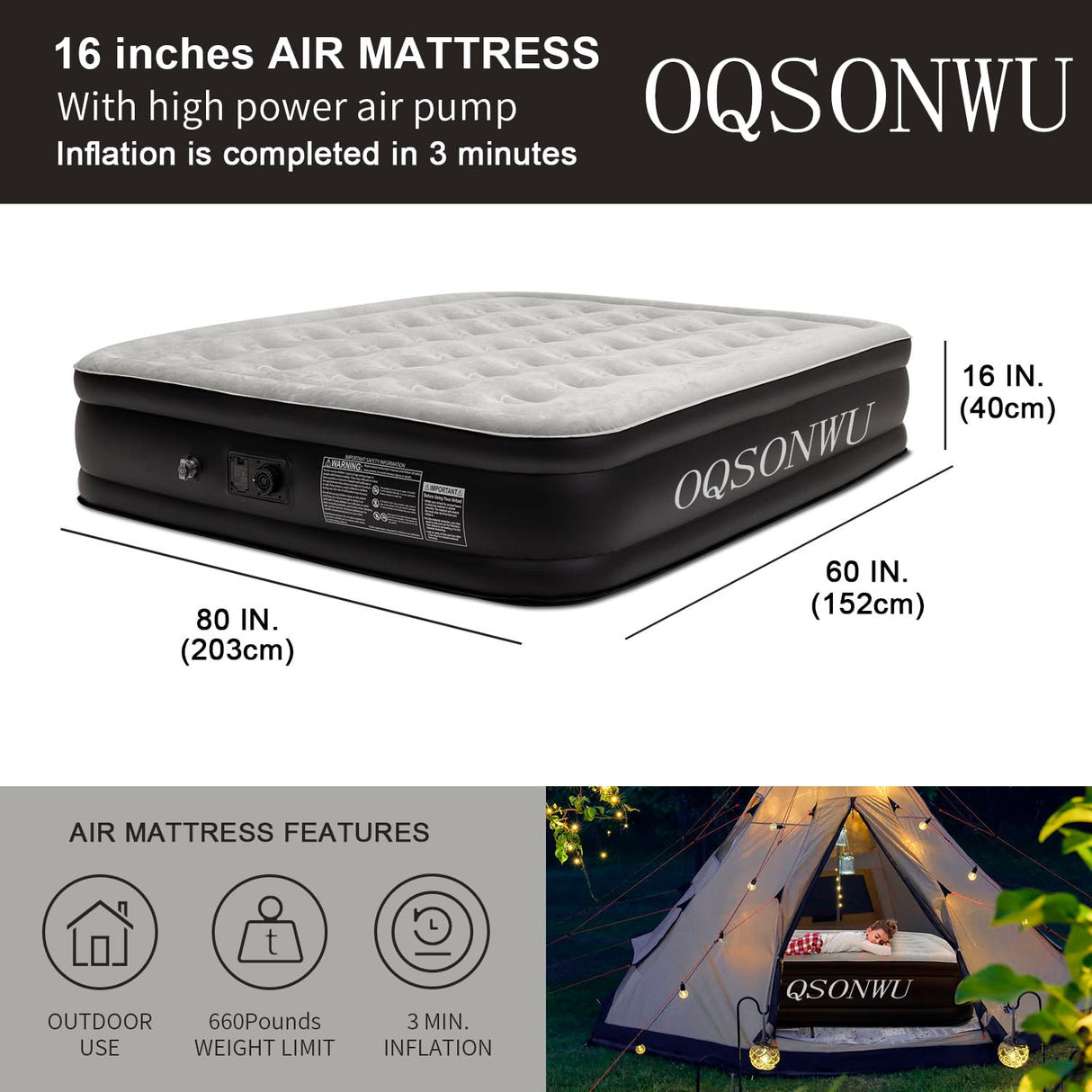 Oqsonwu Air Mattress 16" Air Bed Queen with Built in Pump, Foldable Portable Queen Inflatable Mattress, 660 lbs Weight Capacity Blow Up Air-Mattress Suitable for Guests, Indoors and Camping Oqsonwu