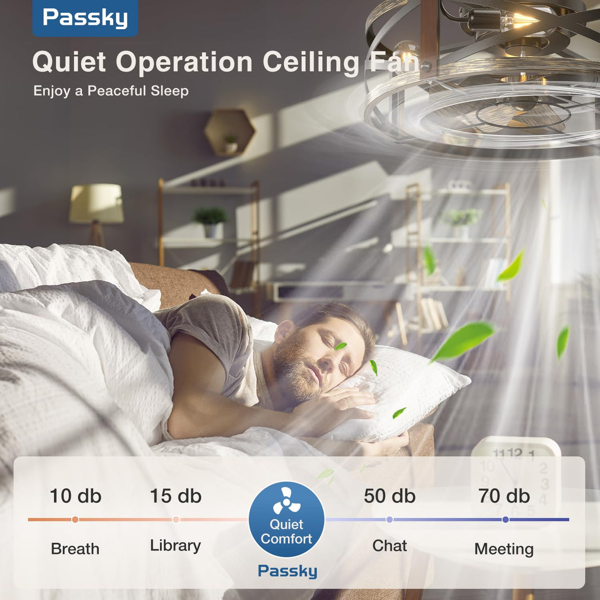 Passky 20" Farmhouse Flush Mount Ceiling Fans with Lights and Remote, Industrial Black Caged Low Profile Fandelier, 6 Speeds Bladeless Ceiling Fan for Bedroom, Kitchen, Living Room Passky