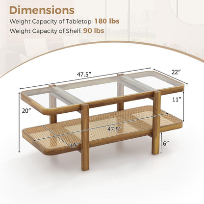 Giantex Rattan Coffee Table, 47.5" Rectangle Solid Wood Tea Table w/Tempered Glass Tabletop & PE Rattan Storage Shelf, 2-Tier Boho Coffee Tables, Farmhouse Rustic Center Table for Living Room Office