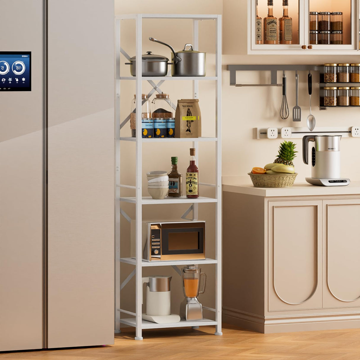 Furologee White Tall Bookshelf, Narrow Bookcase with 6 Shelves, Modern Freestanding Shelf Units, Metal and Wood Display Storage Corner Rack Organizer for Living Room, Home Office, Hallway, Bathroom Furologee