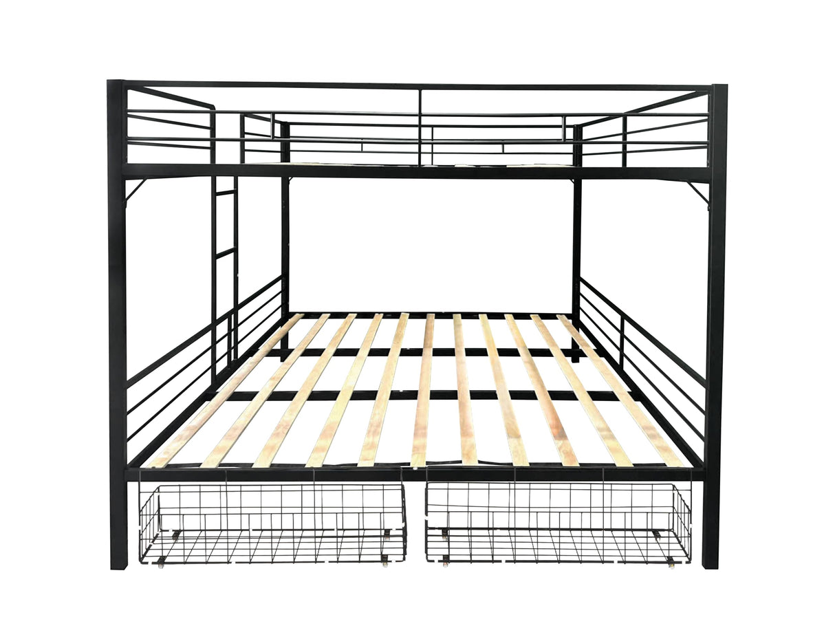 PVWIIK King Over King Bunk Bed with Drawer and Guardrails for Adult Teenagers Bedroom,Metal Bed Frame w/Ladder for Girls, Boys,Modern Style Bed/No Box Spring Required,Black PVWIIK