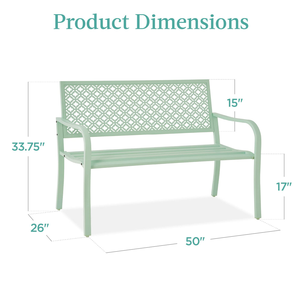 Best Choice Products Outdoor Bench 2-Person Metal Steel Benches Furniture for Garden, Patio, Porch, Entryway w/Geometric Backrest, 790lb Capacity - Mint Green Best Choice Products
