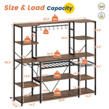 UPOSOJA Large Bakers Rack with Power Outlet, 62.4in Wide Kitchen Microwave Stand with Storage Shelves, 5-Tier Coffee Bar, Wine Rack, Goblet Holder, 8 Hooks, Wire Basket(Rustic Brown, Large) UPOSOJA