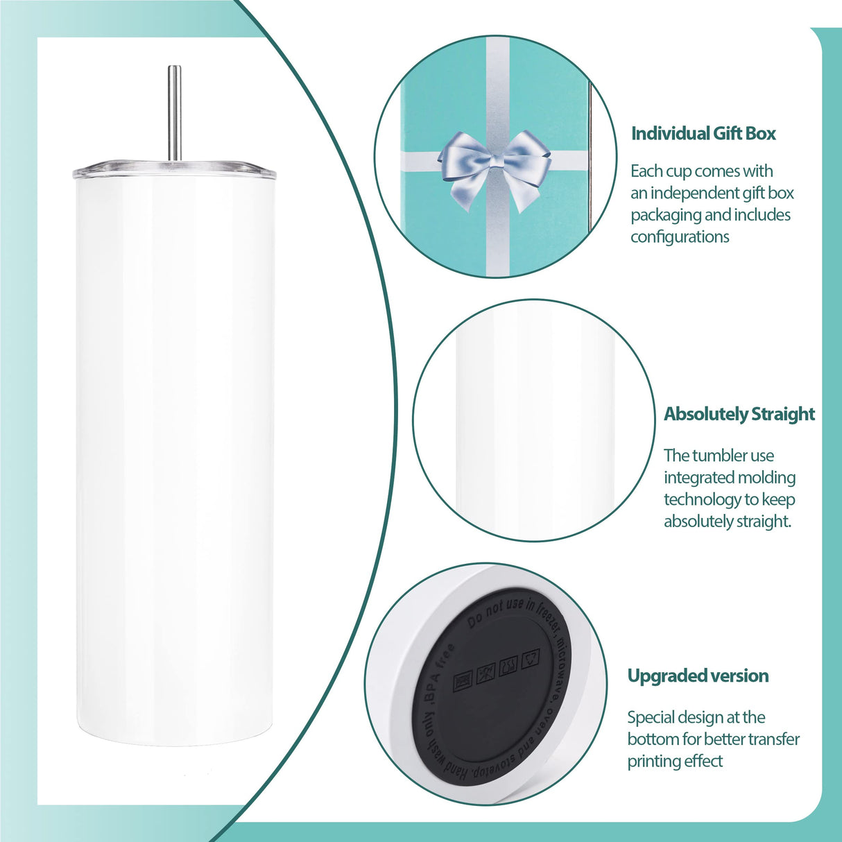 D·S 25 Pack Sublimation Tumblers Bulk 20 oz Skinny Straight Flat Bottom Blank Tumbler Cups with Individual Gift Boxed for Heat Transfer DIY Craft D·S