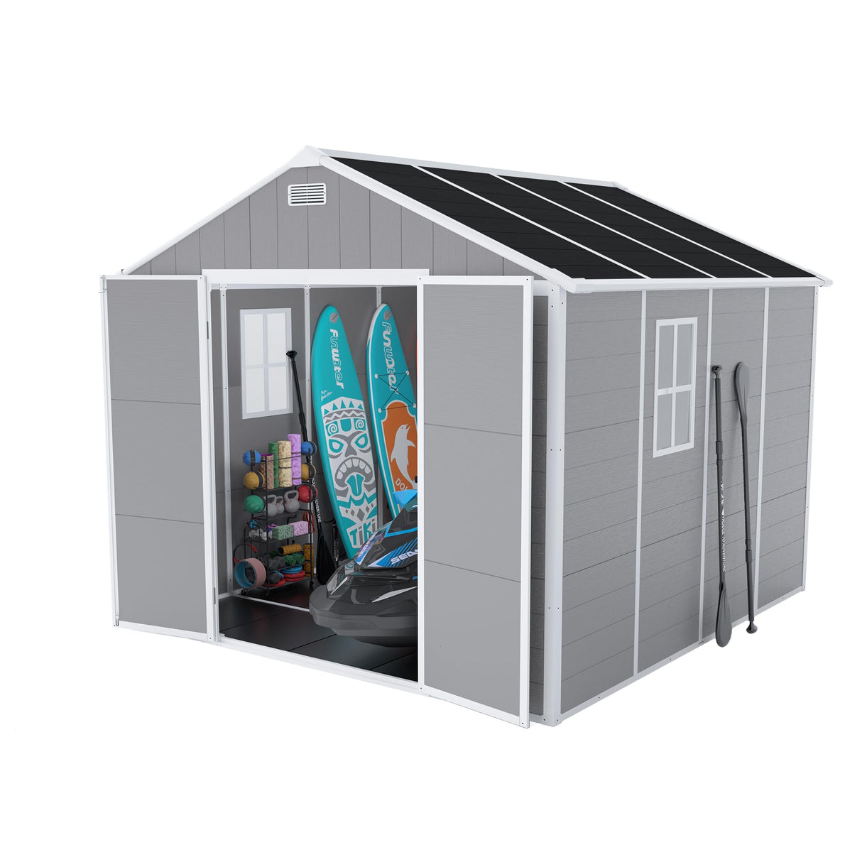 Outdoor Storage Shed 8x8 FT, Resin Shed with Floor & Window, Lockable Door, Vents, Outside Sheds & Garden Shed for Patio Furniture, Gardening Tools, Pool Equipment (Grey, 8 * 8ft) OUEEEDD