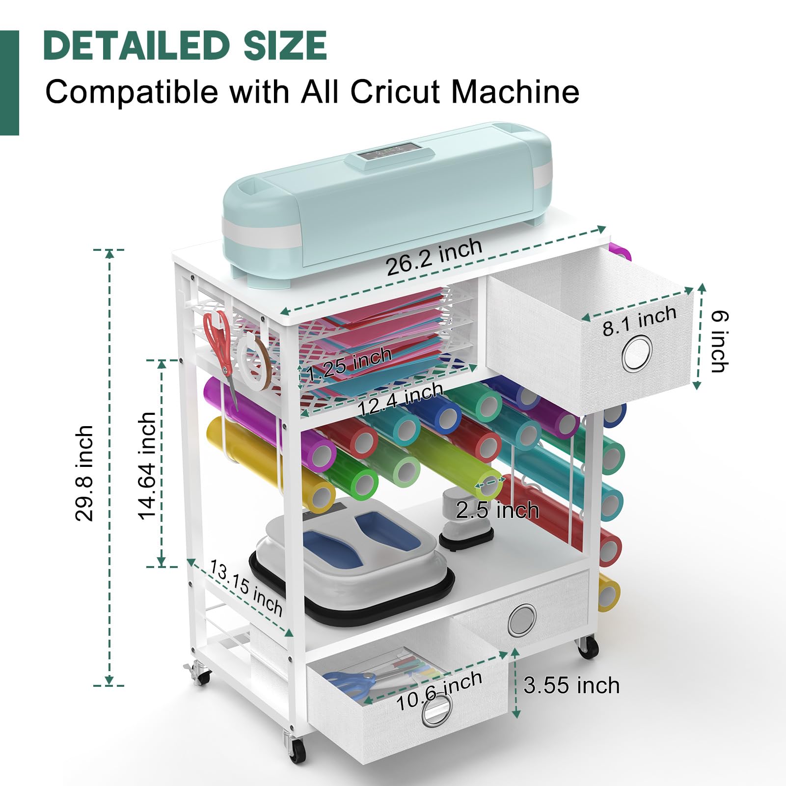 Yumkfoi Craft Cart Compatible with Cricut Machine and Vinyl Roll, Organization and Storage Cart with Drawers, Hooks and Height Adjustable Shelf, Rolling Storage Cart and Workstation for Acces - WoodArtSupply