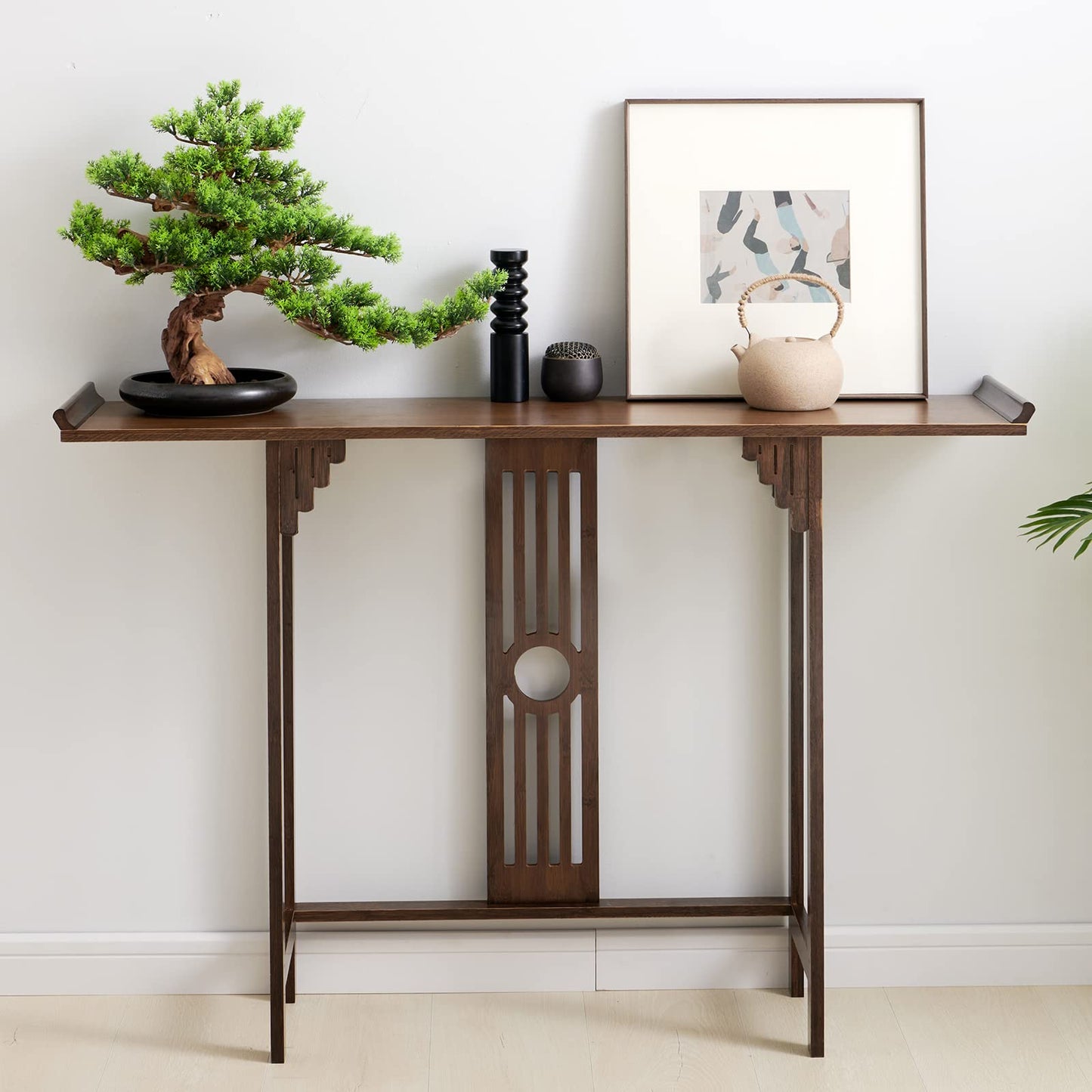 LEYSRIS 2-Tier Console Table Entryway Table with Storage, Espresso Bamboo Narrow Sofa Table for Entryway, Living Room, Hallway - WoodArtSupply