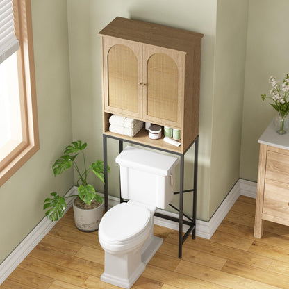 Vabches Over The Toilet Storage Cabinet with Metal Frame & Rattan Doors, Bathroom Organizer Over Toilet, Space-Saving Tall Toilet Rack/Shelf, Rattan Toilet Cabinet for Restroom, Laundry, Natural