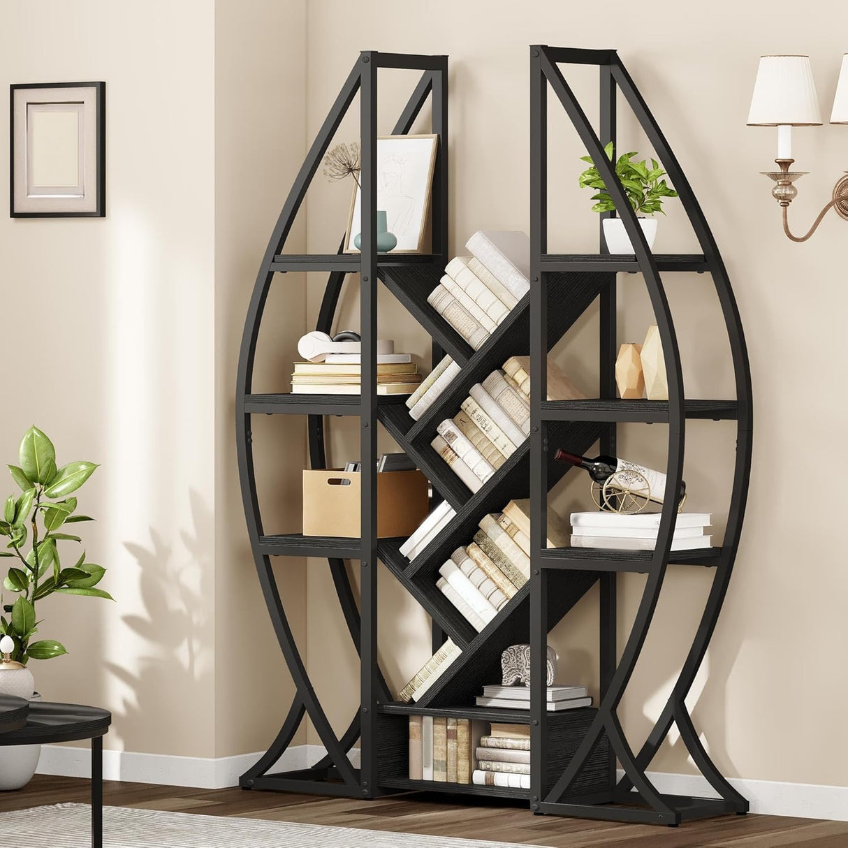 DWVO Oval Bookshelf, Triple Wide 5 Tier Etagere Bookcase, Industrial Display Shelves for Living Room, Bedroom, Home Office, Black DWVO