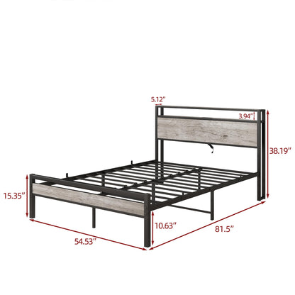 BOFENG Full Size Bed Frame with Storage Headboard/Charging Station,Heavy Duty Metal Platform Bed Frame Full,Reinforced Steel Slats Support,No Box Spring Needed,Noise Free,Greige