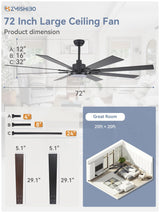 ZMISHIBO 72 inch Large Ceiling Fans with Lights and Remote, Indoor/Outdoor Black Modern Ceiling Fan for Kitchen Living Room Patio, 6 Speed Reversible Quiet DC Motor, 3 CCT, Dual Finish 8 Blades ZMISHIBO
