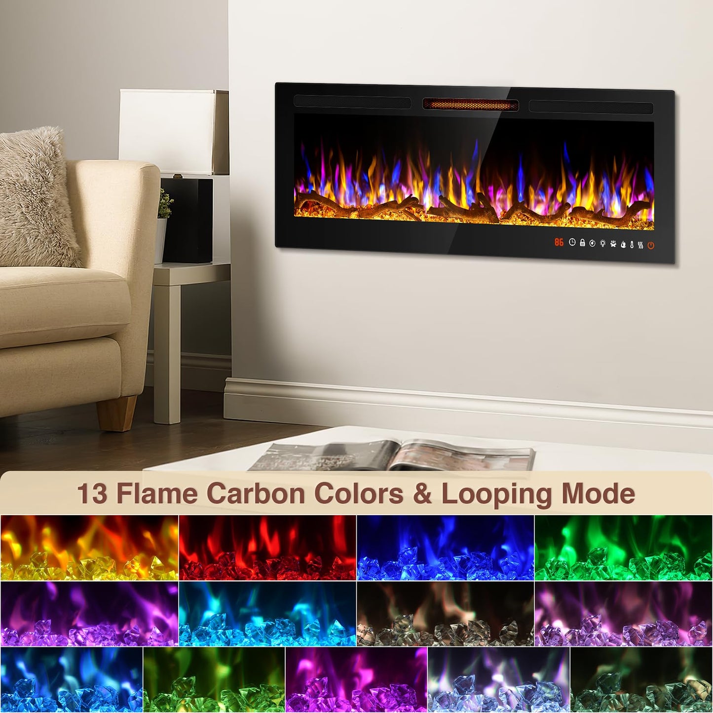 ALPACA 60" Slim Electric Fireplace Recessed and Wall Mounted,Wall Fireplace and Freestanding Linear Fireplace, with Remote Control,13 Adjustable Flame Color and 5 Brightness, 750W/1500W