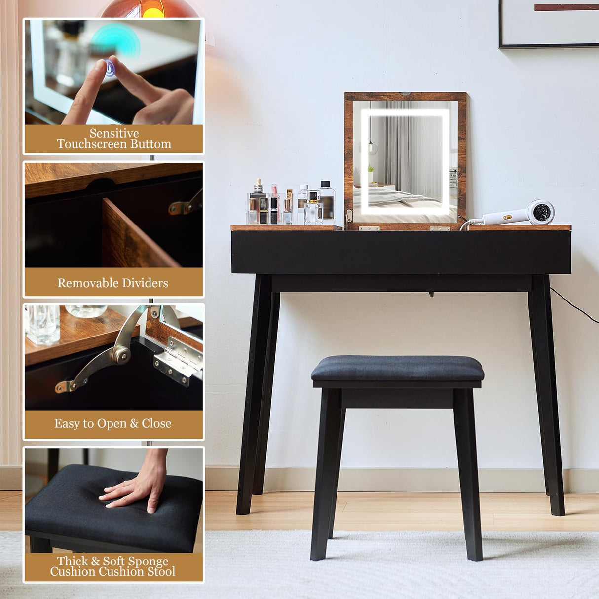 JanflyHome Vanity Desk, Flip Top Makeup Vanity Table with Power Outlet, Makeup Vanity Desk with Mirror & LED Light, Rustic Vanity Set with Cushioning Stool, Vintage Vanity for Bedroom, Black Brown JanflyHome