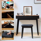 JanflyHome Vanity Desk, Flip Top Makeup Vanity Table with Power Outlet, Makeup Vanity Desk with Mirror & LED Light, Rustic Vanity Set with Cushioning Stool, Vintage Vanity for Bedroom, Black Brown JanflyHome