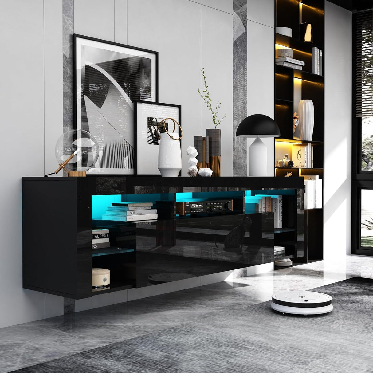 Gitua Floating TV Stand Wall Mounted, High Gloss LED Floating Entertainment Center with Storage&Adjustable Glass Shelf, TV Stand for 65 Inch TV, Gaming Media Center Console Table with Lights, Black Gitua