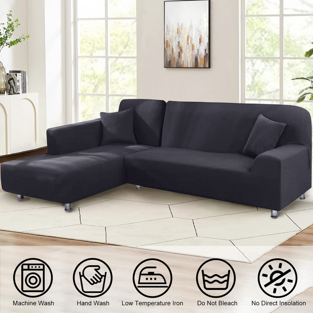 LA MEACK Sectional Couch Covers 2-Piece Softness L Shaped Sofa Cover Super Stretch L-Type Couch Slipcover with 2Pcs Pillowcases Sofa Slipcover 3 Seater + 3 Seater Furniture Protector (Dark Grey) LA MEACK