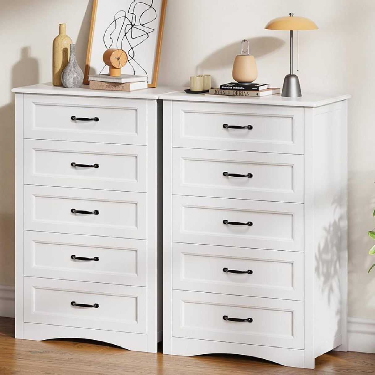 Gizoon 5 Drawer Dresser, White Wood Chest of Drawers for Bedroom, 43.3" Large Capacity Storage Cabinet with Anti-Tip Device, for Clothes, Living Room, Hallway, Office Gizoon
