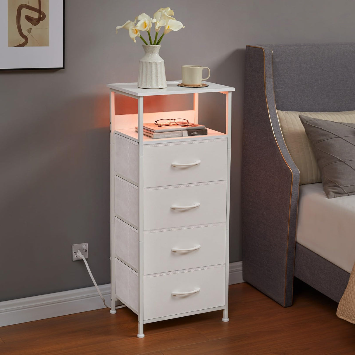 Somdot White Nightstand with Charging Station and LED Light for Bedroom, Tall 4 Drawers Dresser with Fabric Bins for Bedside Kids Dorm Room Closet Laundry Entryway, White Leather Somdot