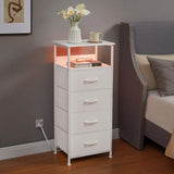 Somdot White Nightstand with Charging Station and LED Light for Bedroom, Tall 4 Drawers Dresser with Fabric Bins for Bedside Kids Dorm Room Closet Laundry Entryway, White Leather Somdot