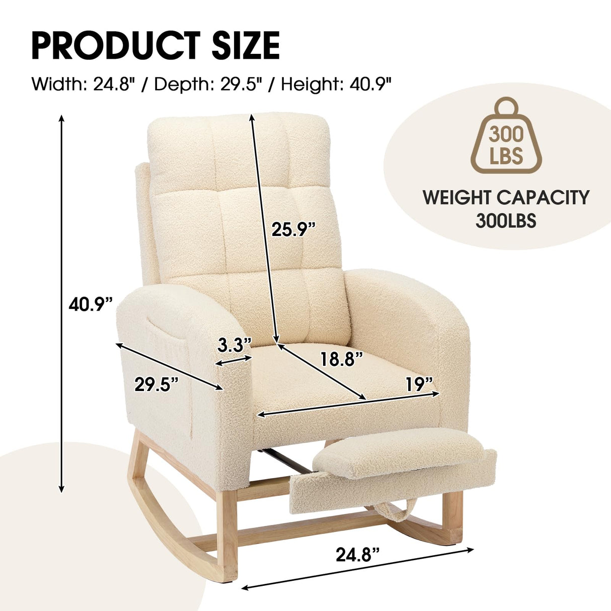 NIOIIKIT Modern Nursery Rocking Chair, Teddy Upholstered Rocking Chair with Footrest, Comfortable Rocker Recliner with Side Pocket, Rocker Glider for Living Room, Bedroom, Nursing Room (Apricot) NIOIIKIT