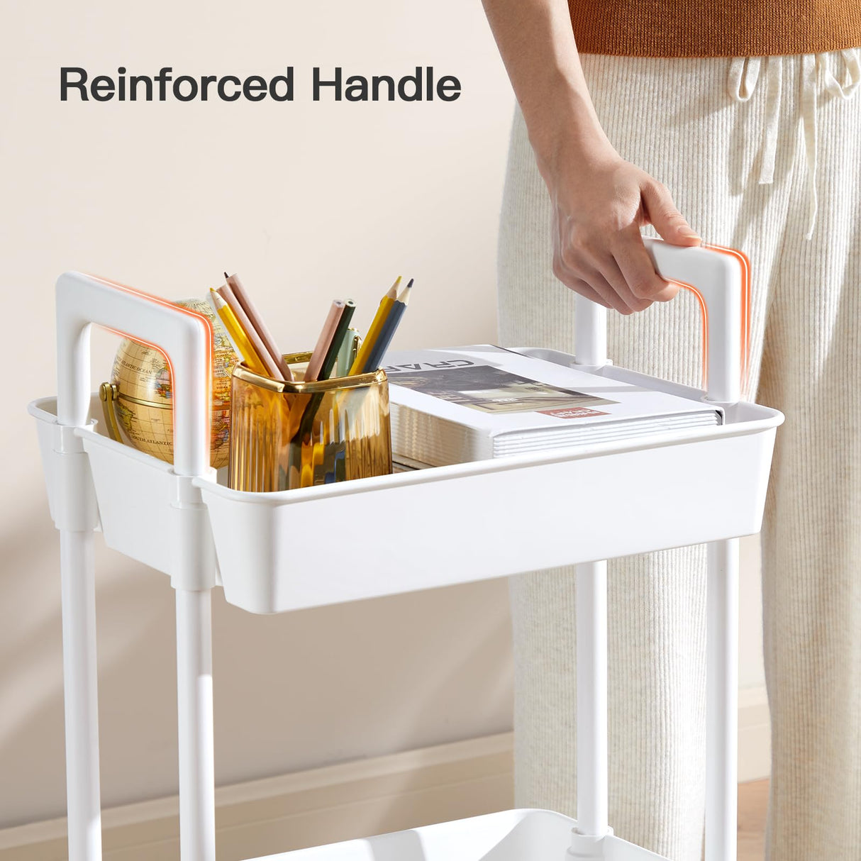 Pipishell 3 Tier Rolling Cart Organizer, Plastic Rolling Cart with Lockable Wheels & Reinforced Handle, Lightweight Utility Cart Storage Cart for Nursery, Kitchen, Bathroom, Craft Room, White, PIUC14W Pipishell