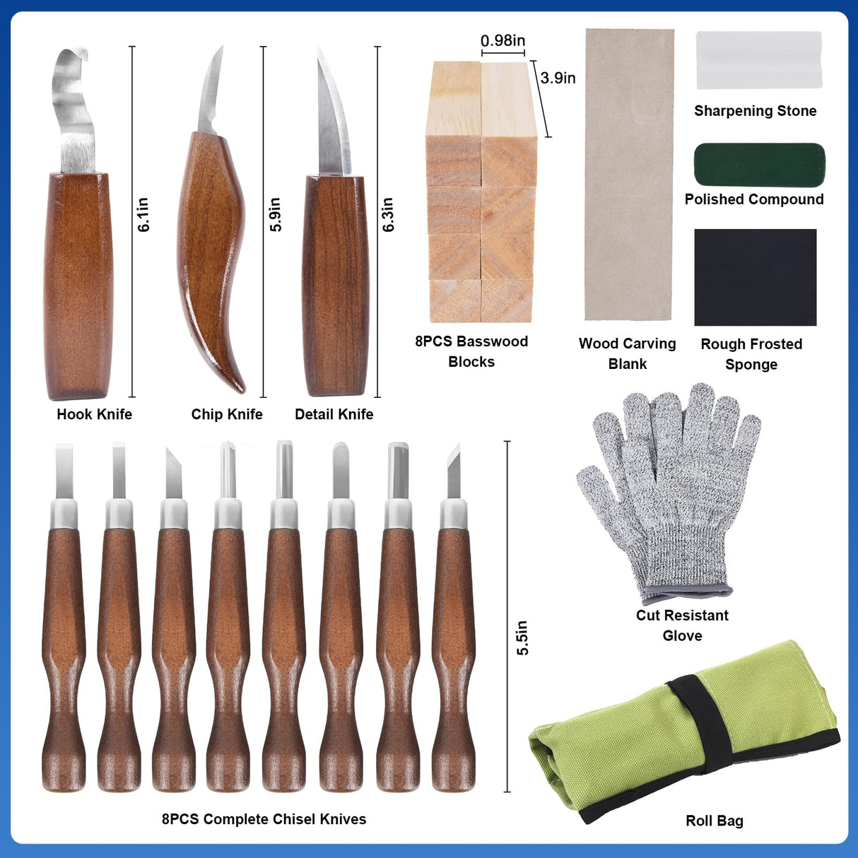 Wood Carving Tools, Hexola Wood Carving Kit 26-In-1 Whittling Kit- Includes Walnut Handle Wood Carving Knife,Whittling Knife, Hook Knife, Cut Resistant Gloves, Wood Carving Kit For Beginners Hexola