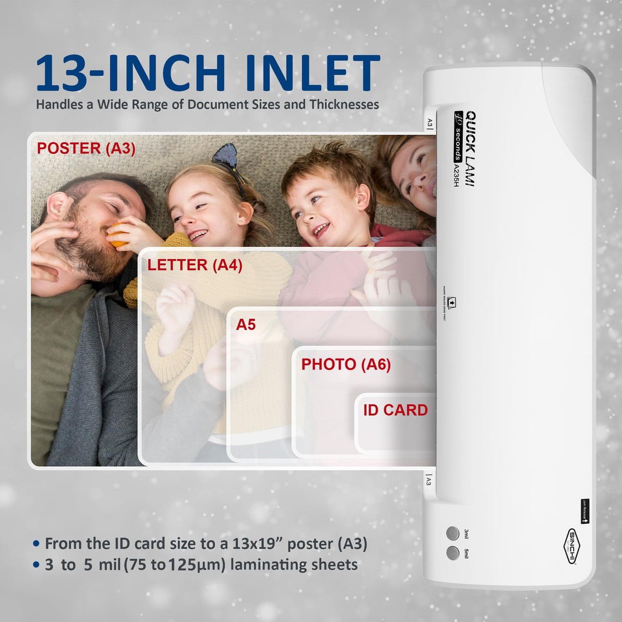 SINCHI 3-5 Mil, 13-Inch Thermal Laminator Machine, 40 Second Warm-Up, 20 inches/Minute, Includes Laminating Sheets, Paper Trimmer & Corner Rounder, Jam Release, Auto Shutoff, for Office, School, Home SINCHI