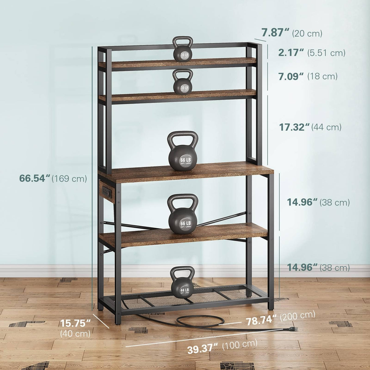 Denkee 39.4 Inch Wide Rustic Brown 5-Tier Bakers Rack with Power Outlets and Storage Solutions Denkee