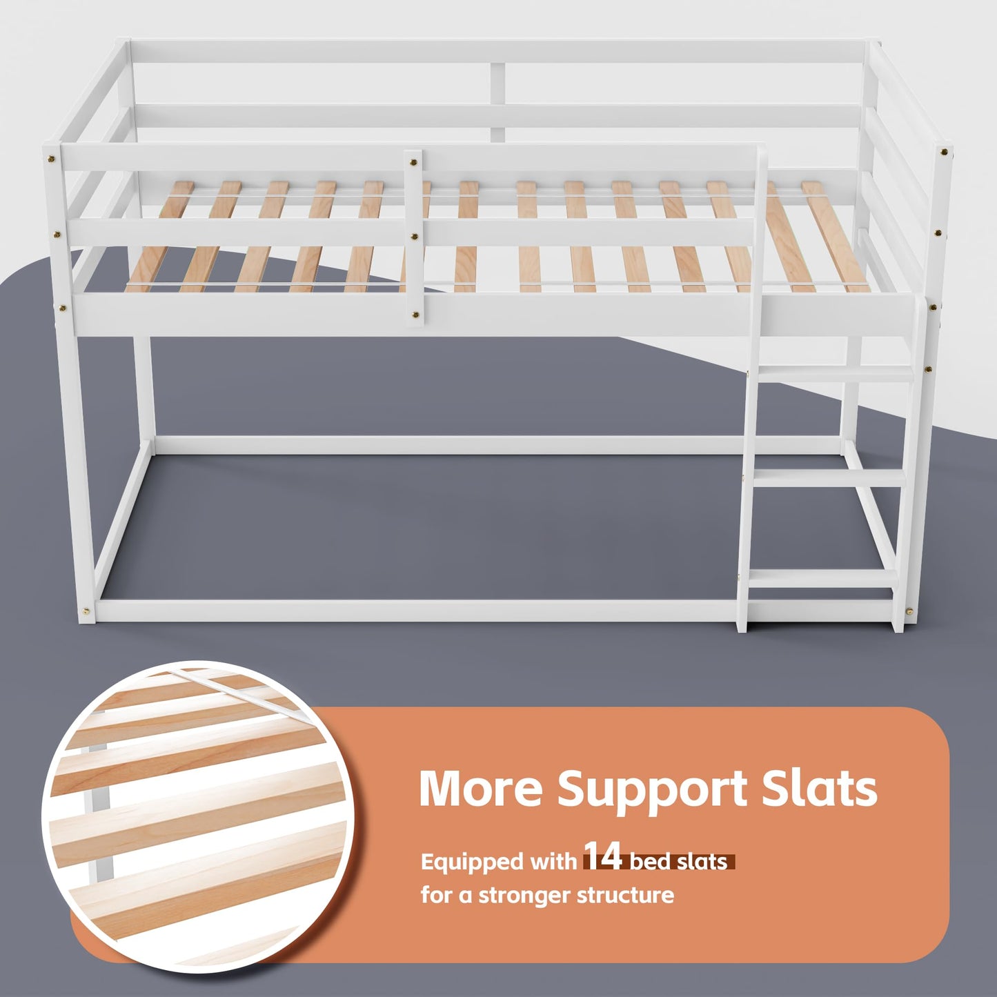 TOLEAD Low Bunk Bed Twin Over Twin, Floor Bunk Bed with Ladder, Twin Bunk Bed with Full Guardrails, Wooden Bunk Bed for Juniors, Boys, Girls, Kids, Bedrooms (White)