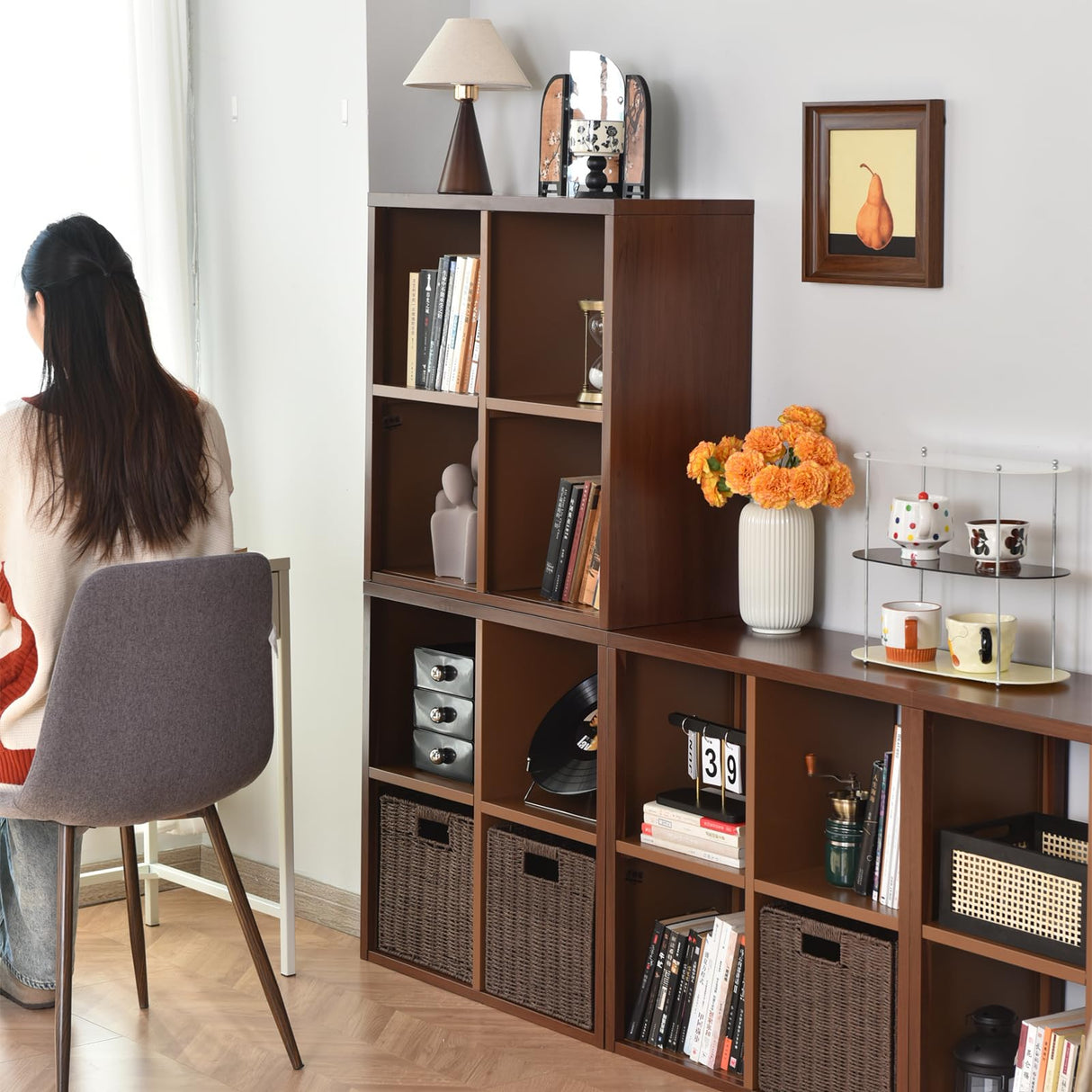 IRONMIX Metal 4 Cube Storage Organizer, Short Bookshelf with Storage, 2 Tier Horizontal Bookshelf, Small Cube Shelf, Freestanding TV Stand for Classroom, Home Office Library(Dark Wooden, 700-2 Set) IRONMIX
