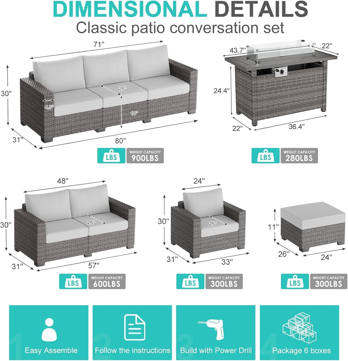 WELYAS Outdoor Patio Furniture Set with 44'' Fire Pit Table Sofa Chair Ottoman, 10 Pieces 9 Seat Oversize All Weather Rattan Classic Patio Conversation Sectional Set for Outside Porch Deck WELYAS