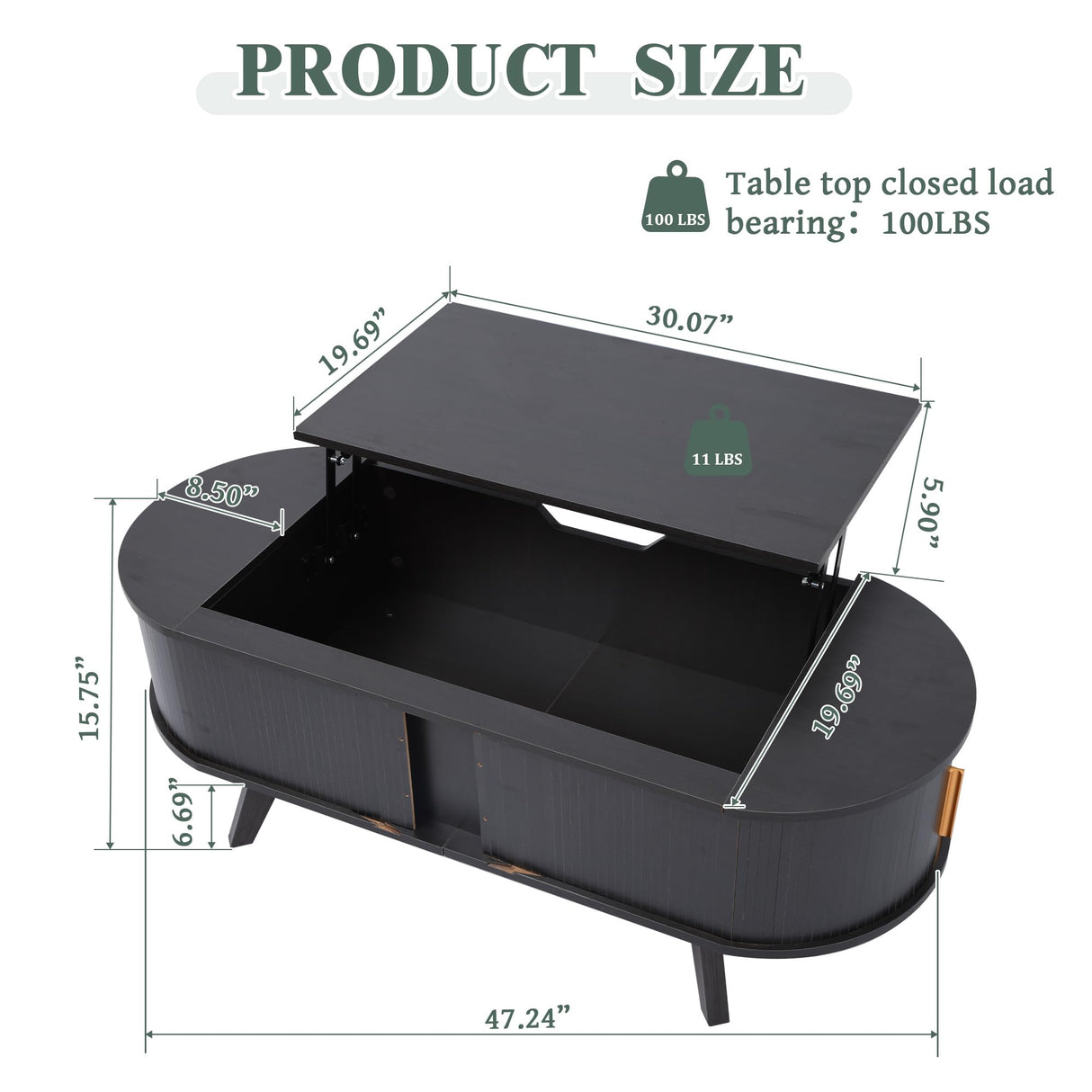 Janmer Home Small Lift Top Coffee Table with Sliding Tambour Door, 47.3" Mid Century Modern Curved Coffee Table with Storage, Oval Center Table with Lift Tabletop for Living Room (Doors, Black) Janmer Home