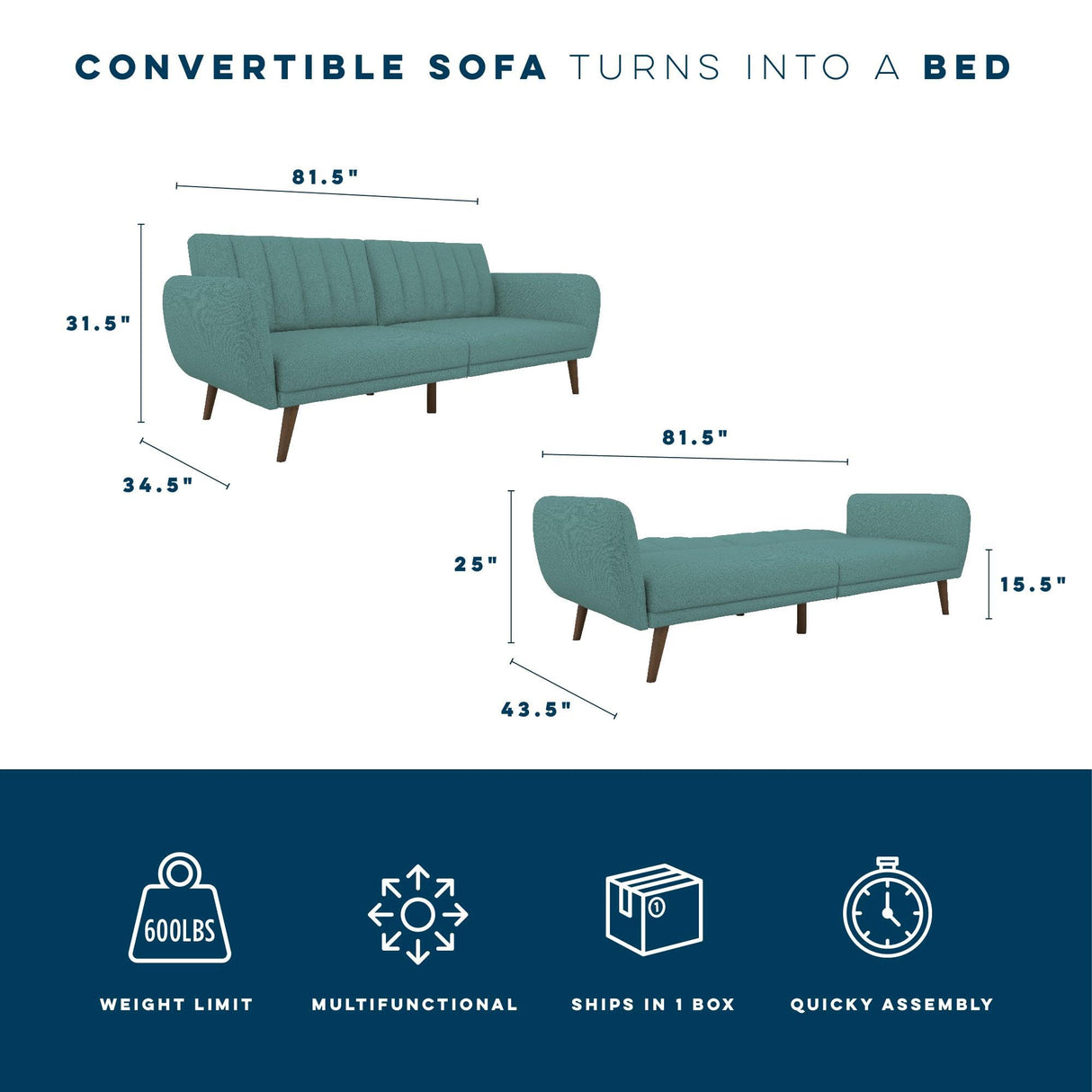 Novogratz Brittany 82 Inch Futon Sofa Bed, Upholstered Couch Sleeper with Tufted Back, Mid-Century Modern, Teal Novogratz