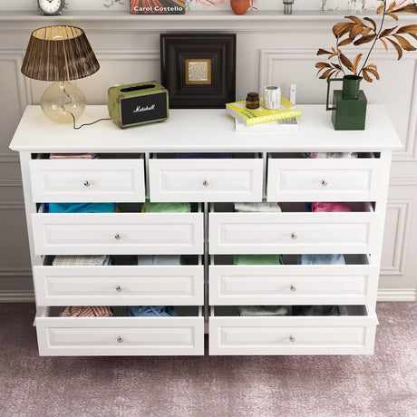 MOUMON Chest of Drawers 9 Drawer Dresser, Modern Contemporary Dresser with Sliver Handles, Wooden Legs, 9 Drawer Cabinet White Dresser for Bedroom (55.1”W x 15.7”D x 37”H) MOUMON