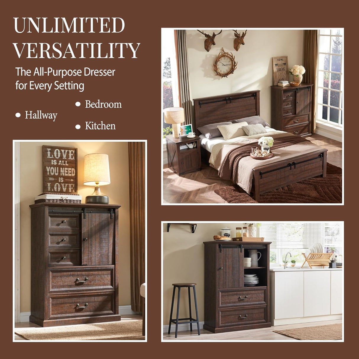 IFGET Farmhouse 5 Drawers Dresser for Bedroom, 47" Tall Chest of Drawers w/Sliding Barn Door, Rustic Wood Dressers Organizer w/Adjustable Shelves for Bedroom, Living Room, Kitchen, Brown IFGET