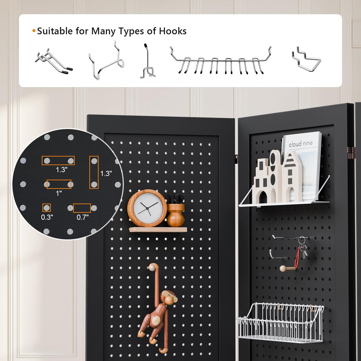 VINGLI Freestanding Pegboard with Support Feet, 5 FT Wood Room Divider Display Board Organizer, Folding Privacy Screen Partition Space Separator for Craft Shows Events Retail (Black, 6 Panel) VINGLI