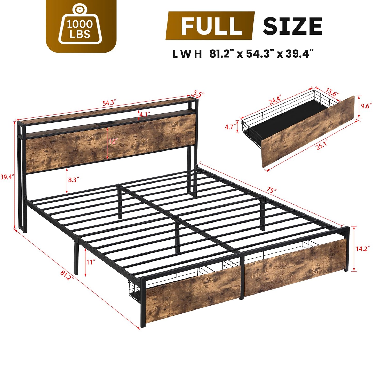 Kiivakii Rustic Brown Full Size Bed Frame with LED Storage Headboard and Dual Drawers - WoodArtSupply