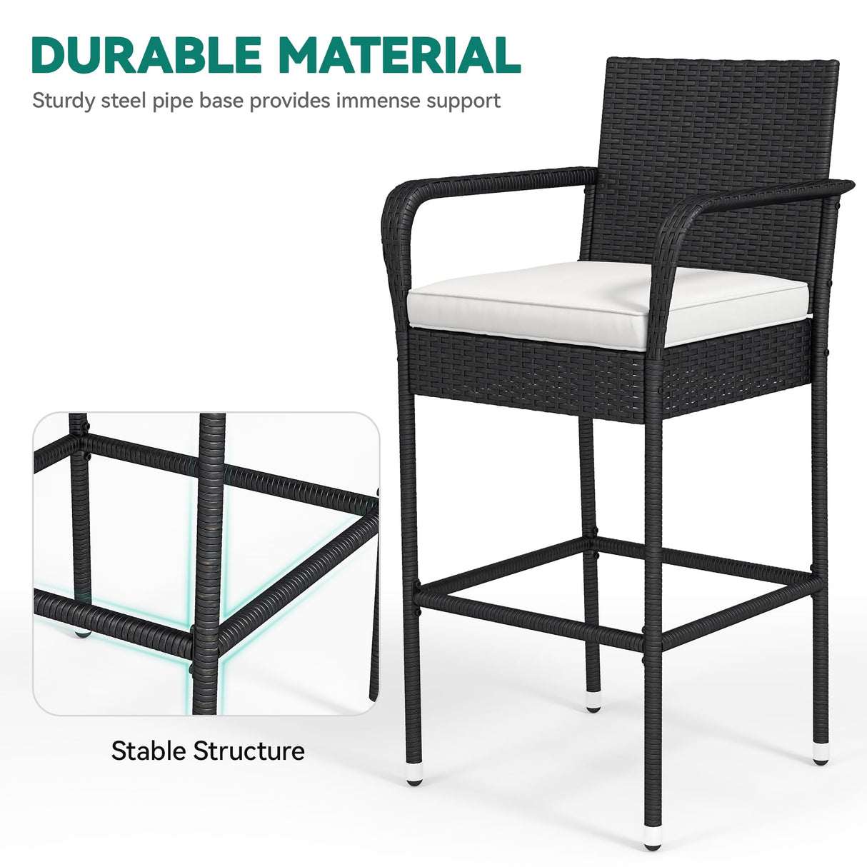 YITAHOME Outdoor Wicker Bar Stools Set of 2, Patio Wicker Counter Stools with Armrest & Backrest, Outdoor Bar Height Chairs with Soft Cushions for Backyard Pool Garden Deck, Black YITAHOME