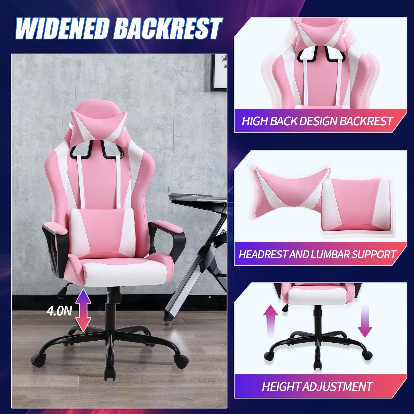 Pink Gaming Chair High-Back Office Chair Ergonomic Video Game Chairs Height Adjustable Reclining Computer Chair with Lumbar Support Armrest Headrest Swivel Chair Game Chair for Adult Teen - Pink