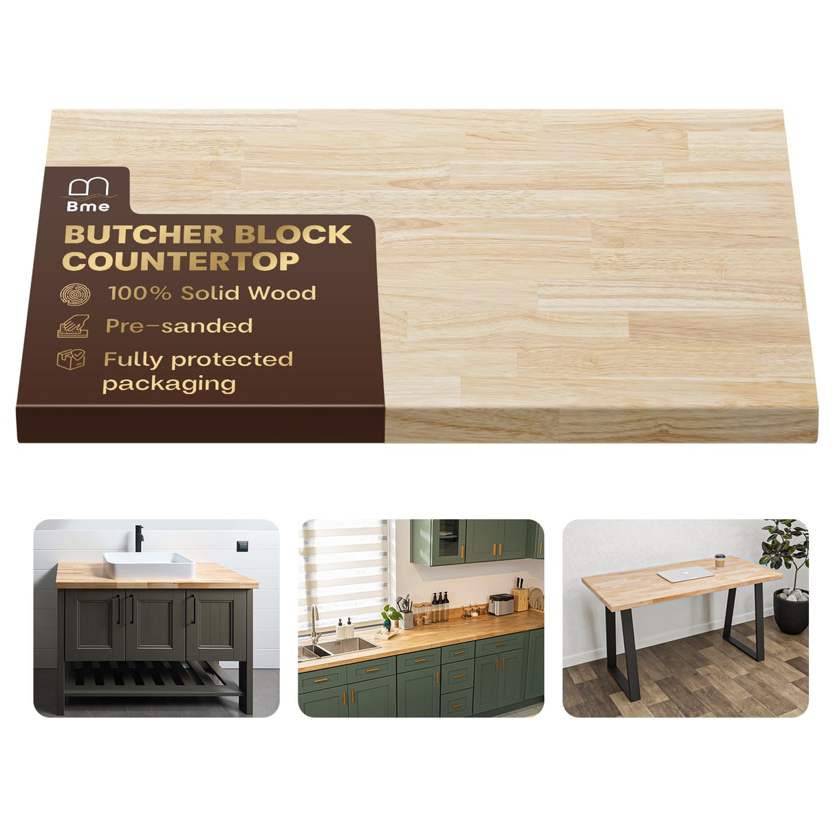 Bme Hevea Solid Wood Butcher Block Countertop, Unfinished Butcher Block Table Top for DIY Washer Dryer/Island/Kitchen Countertop, 8ft L x 25ft W, Bme