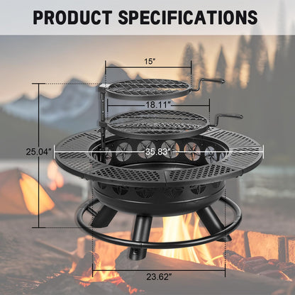 36 Inch Fire Pit with 2 Cooking Grills,Outdoor Wood Burning BBQ Firepit with Lid, 3-in-1 Outdoor Fire Pit for Backyard Deck Bonfire Patio Picnic