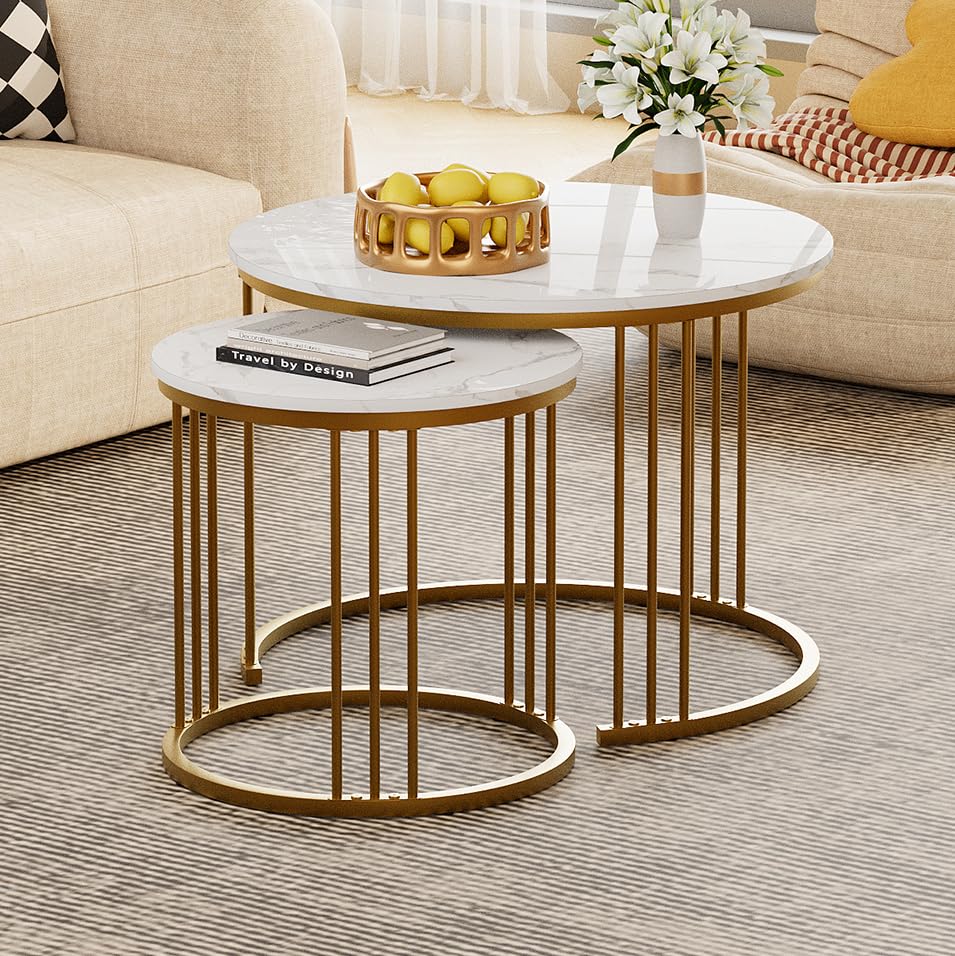 Garden 4 you Coffee Table Faux Marble Nesting Table for Small Place 2 Sets Modern Furniture Living Room Sets End Side Table Night Stand for Bed Room Dining Room (White & Gold) Garden 4 you