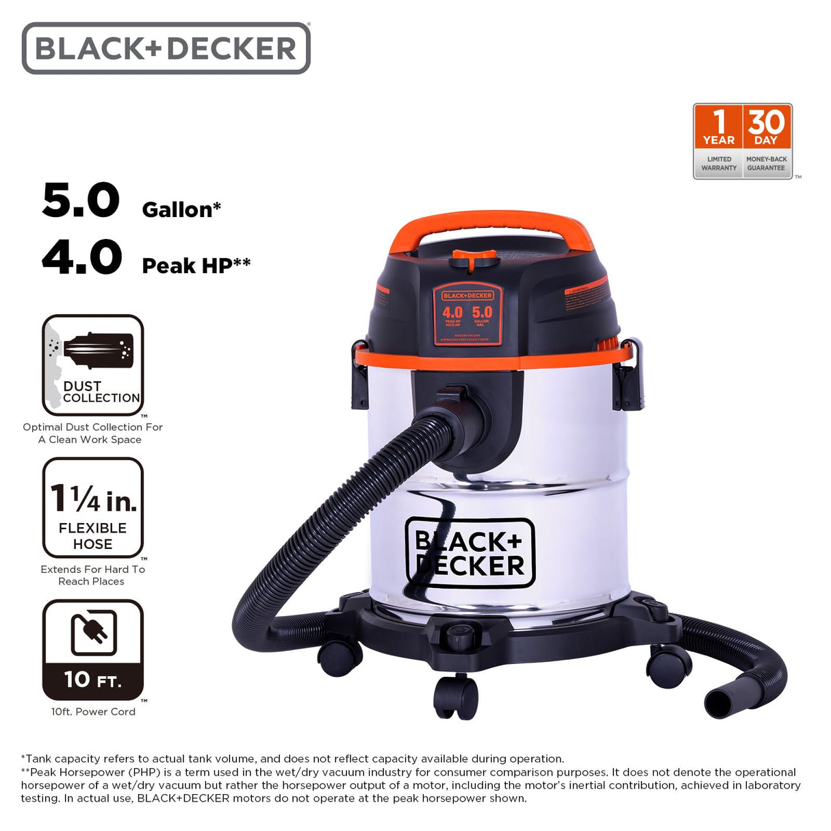 BLACK+DECKER 5 Gallon Shop Vacuum Wet and Dry, 4.0 Peak HP, Stainless Steel Tank, Shop Vac with Accessories for Home, Pet, Workshop and Car(BDXV18143) BLACK+DECKER