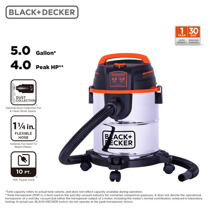 BLACK+DECKER 5 Gallon Shop Vacuum Wet and Dry, 4.0 Peak HP, Stainless Steel Tank, Shop Vac with Accessories for Home, Pet, Workshop and Car(BDXV18143) - WoodArtSupply